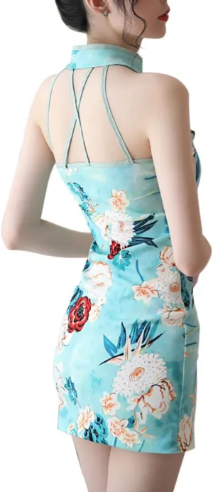 Women Sexy Cheongsam Dress Satin Chinese Qipao Traditional Style Split Short Dress Lady Tight Floral Wedding Dress Uniform