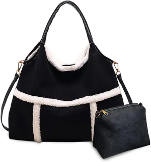 Women Suede Tote Shoulder Bag with Lamb Wool Vintage Crossbody Large Handbag with Coin Purse 2pcs Set