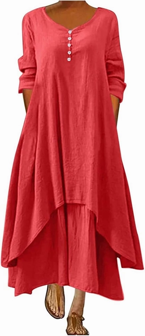 Women Linen Half Sleeve Long Dress Casual A Line Swing Maxi Dress Fashion Vintage Boho Button V Neck Tiered Dress