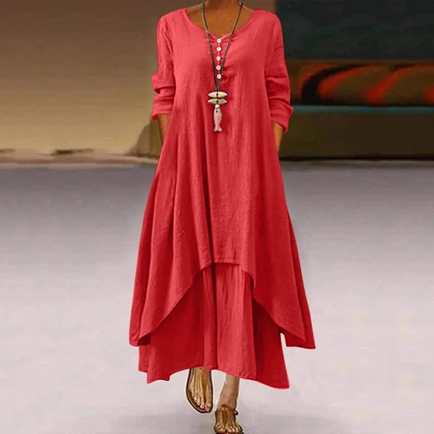 Women Linen Half Sleeve Long Dress Casual A Line Swing Maxi Dress Fashion Vintage Boho Button V Neck Tiered Dress