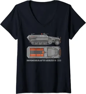 Womens SdKfz 251 German WW2 Half-track APC Hanomags Diagram V-Neck T-Shirt