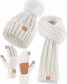 Womens Beanie Hat Scarf Gloves Set, Fleece Lined Winter Hat with Pom Pom, Long Knit Scarf Touchscreen Gloves for Cold Weather