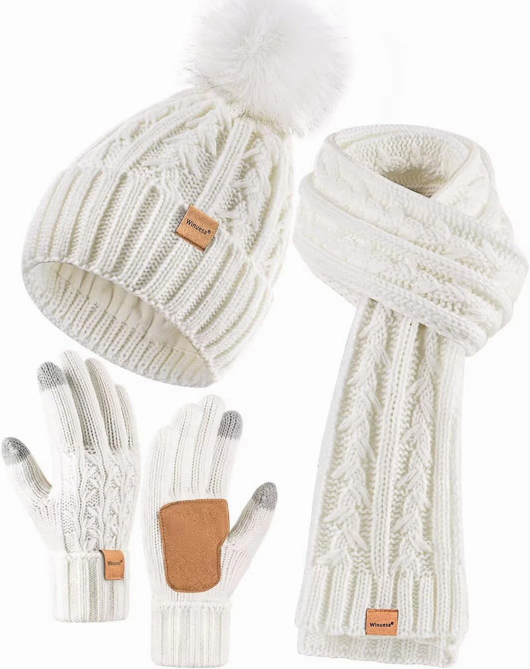 Womens Beanie Hat Scarf Gloves Set, Fleece Lined Winter Hat with Pom Pom, Long Knit Scarf Touchscreen Gloves for Cold Weather