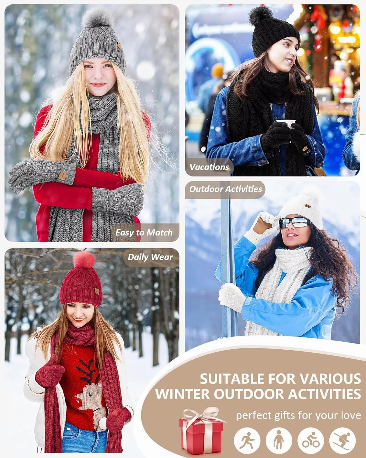 Womens Beanie Hat Scarf Gloves Set, Fleece Lined Winter Hat with Pom Pom, Long Knit Scarf Touchscreen Gloves for Cold Weather