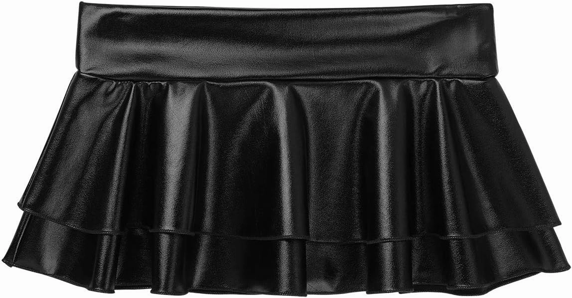 Womens Shiny Metallic Low Rise Double Layered Ruffled Mini Pleated Skirt Rave Dance Costume