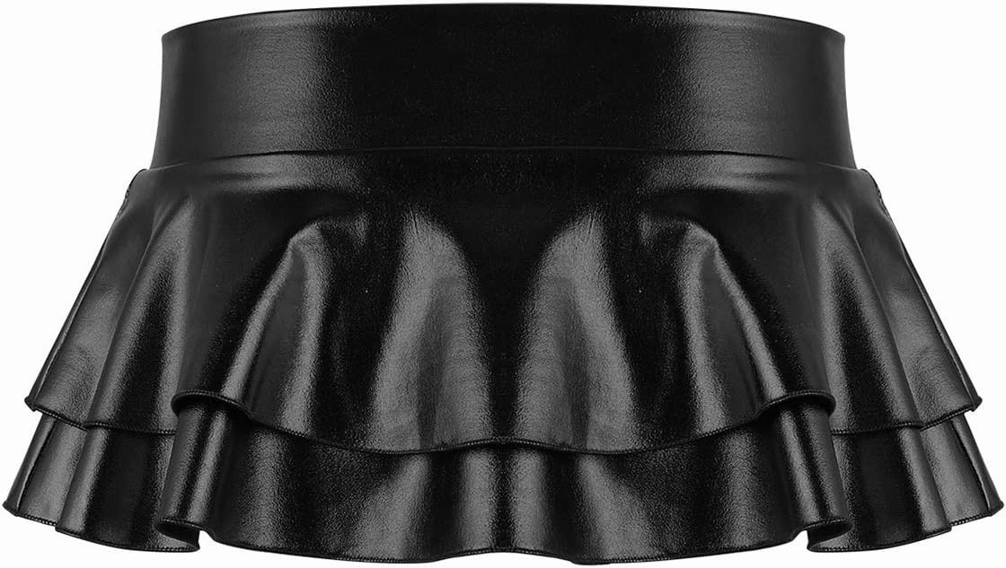 Womens Shiny Metallic Low Rise Double Layered Ruffled Mini Pleated Skirt Rave Dance Costume