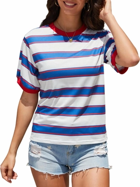 Womens Summer Tops Striped Color Block Short Sleeve T-Shirts Color Block Crewneck Casual Loose Basic Tee Blouses