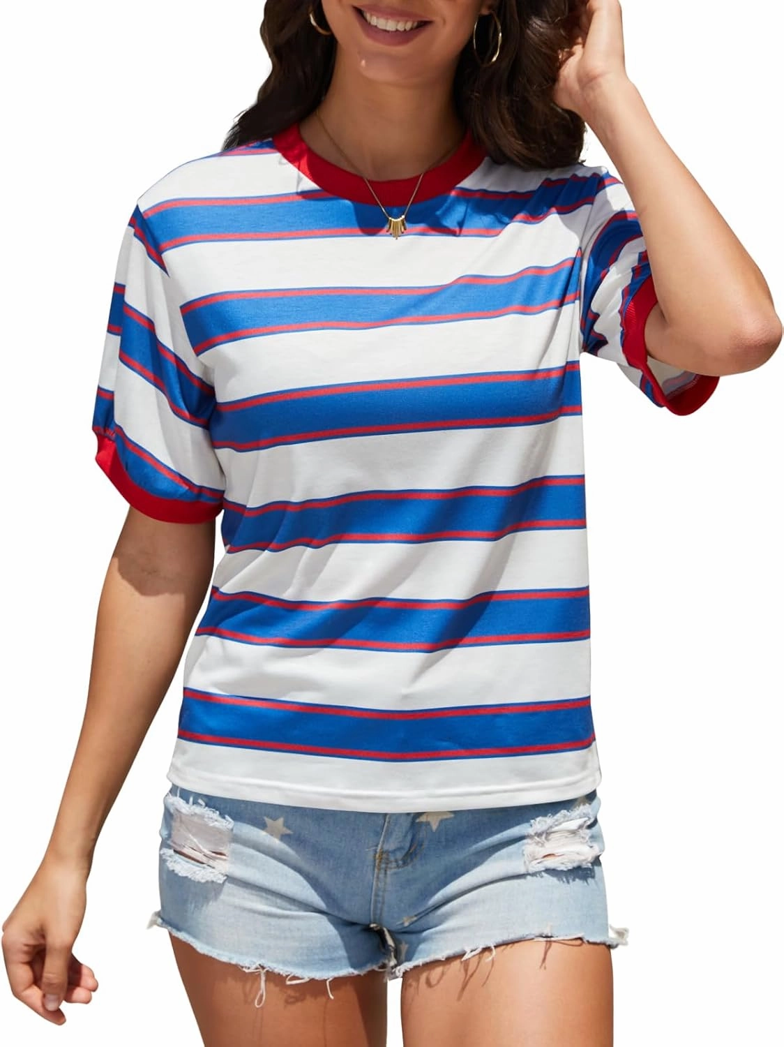 Womens Summer Tops Striped Color Block Short Sleeve T-Shirts Color Block Crewneck Casual Loose Basic Tee Blouses