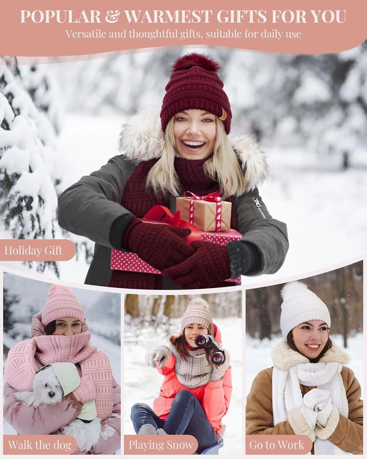 Womens Winter Beanie Scarf Gloves Set, Pom Pom Hat with Warm Fleece Lined Long Knit Scarf Touchscreen Gloves for Cold Weather