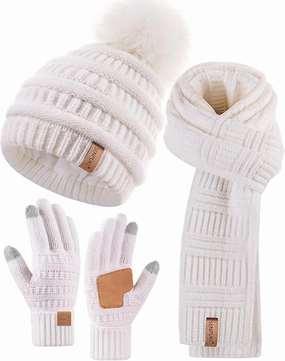 Womens Winter Beanie Scarf Gloves Set, Pom Pom Hat with Warm Fleece Lined Long Knit Scarf Touchscreen Gloves for Cold Weather