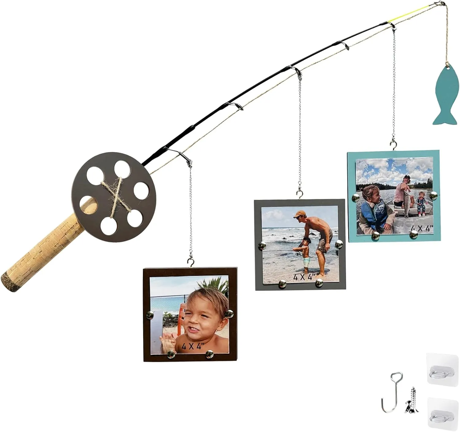 Wood Fishing Pole Picture Frame - Three 4''x4'' Frames, Real Fishing Rod Design, Adjustable Hanging - Fishing Decor for Lake House, Cabin, Farmhouse Wall, Boy’s Room, Fishing Lovers, Fisherman