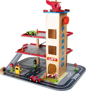 Wooden Toys Parking Garage Playset, with 3 Floors, an Elevator & Helicopter Landing Pad & More Designed for Ages 3 , Multi