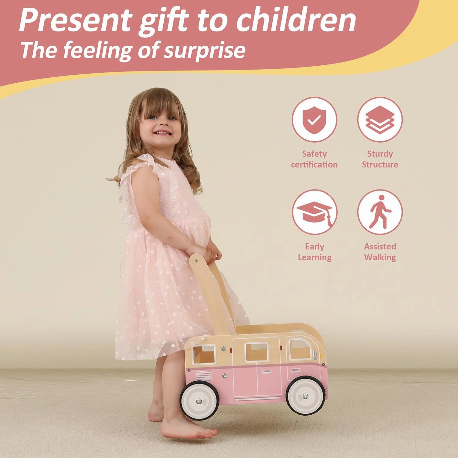 Wooden Baby Walker,Push Walker Bus for Boys and Girls, Stand & Learn Push Walker for Toddlers 1-3 Years Old Pink