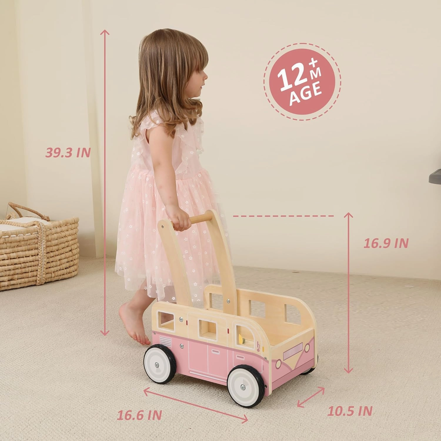 Wooden Baby Walker,Push Walker Bus for Boys and Girls, Stand & Learn Push Walker for Toddlers 1-3 Years Old Pink
