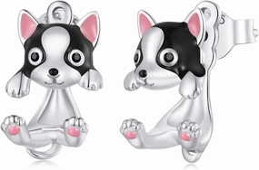 WOSTU 925 Sterling Silver Dog Stud Earrings - Cute Animal Puppy Hypoallergenic Drop Dangle Earrings - Boston Terrier Jewelry Gifts for Women and Pet Lovers