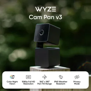 WYZE Cam Pan v3 Indoor/Outdoor IP65 1080P 360° Pan/Tilt/Zoom Wi-Fi Smart Home Security Camera with Motion Tracking for Baby & Pet, Color Night Vision, Works with Alexa & Google Assistant, Black