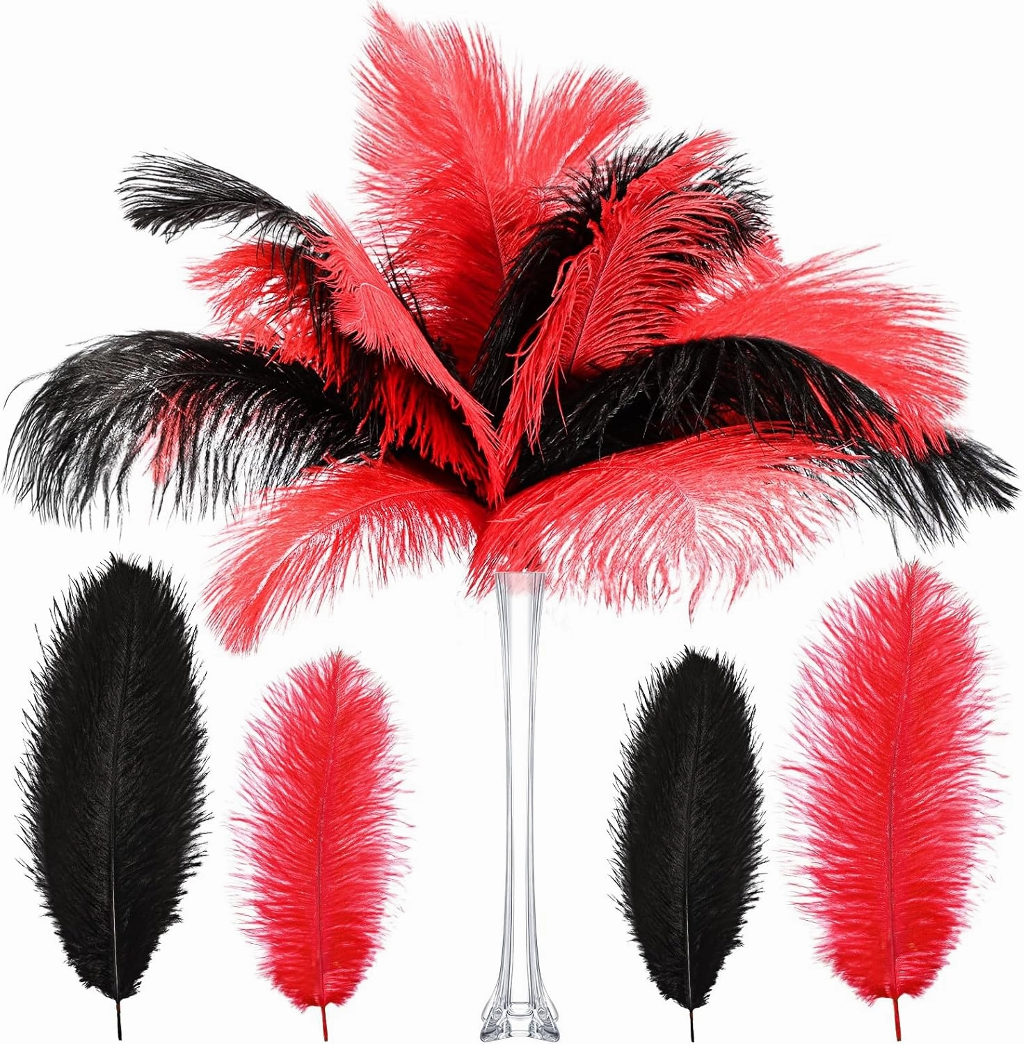 XunYee 60 Pcs 1920s Natural Ostrich Feathers Bulk 10-12 Inch/ 12-14 Inch Natural Large Feather for Wedding Dancing Birthday Party Centerpieces Carnival Decorations(Red, Black)