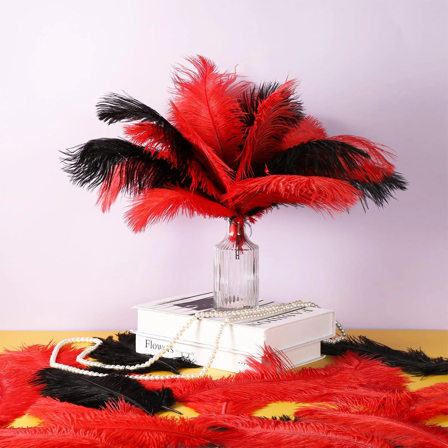 XunYee 60 Pcs 1920s Natural Ostrich Feathers Bulk 10-12 Inch/ 12-14 Inch Natural Large Feather for Wedding Dancing Birthday Party Centerpieces Carnival Decorations(Red, Black)