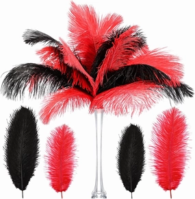 XunYee 60 Pcs 1920s Natural Ostrich Feathers Bulk 10-12 Inch/ 12-14 Inch Natural Large Feather for Wedding Dancing Birthday Party Centerpieces Carnival Decorations(Red, Black)