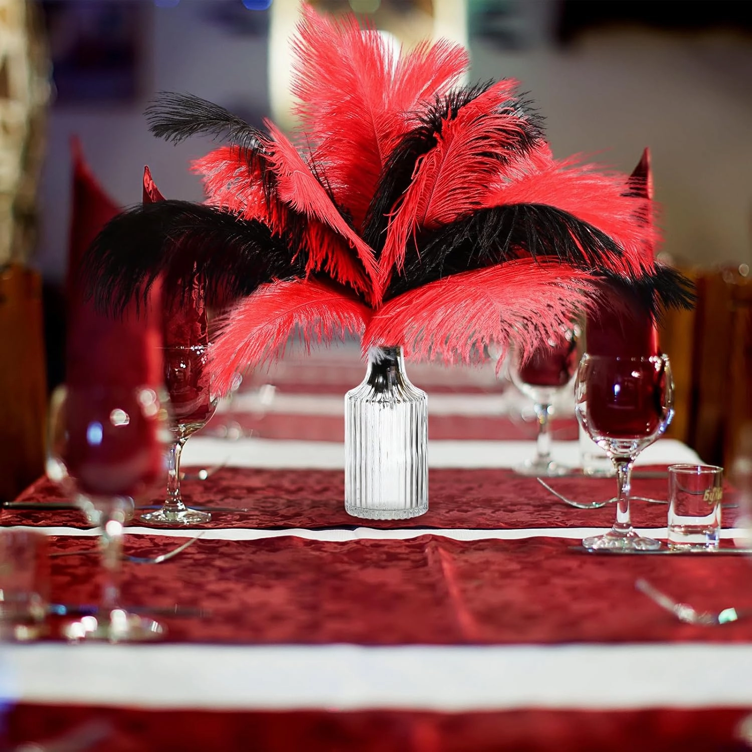 XunYee 60 Pcs 1920s Natural Ostrich Feathers Bulk 10-12 Inch/ 12-14 Inch Natural Large Feather for Wedding Dancing Birthday Party Centerpieces Carnival Decorations(Red, Black)