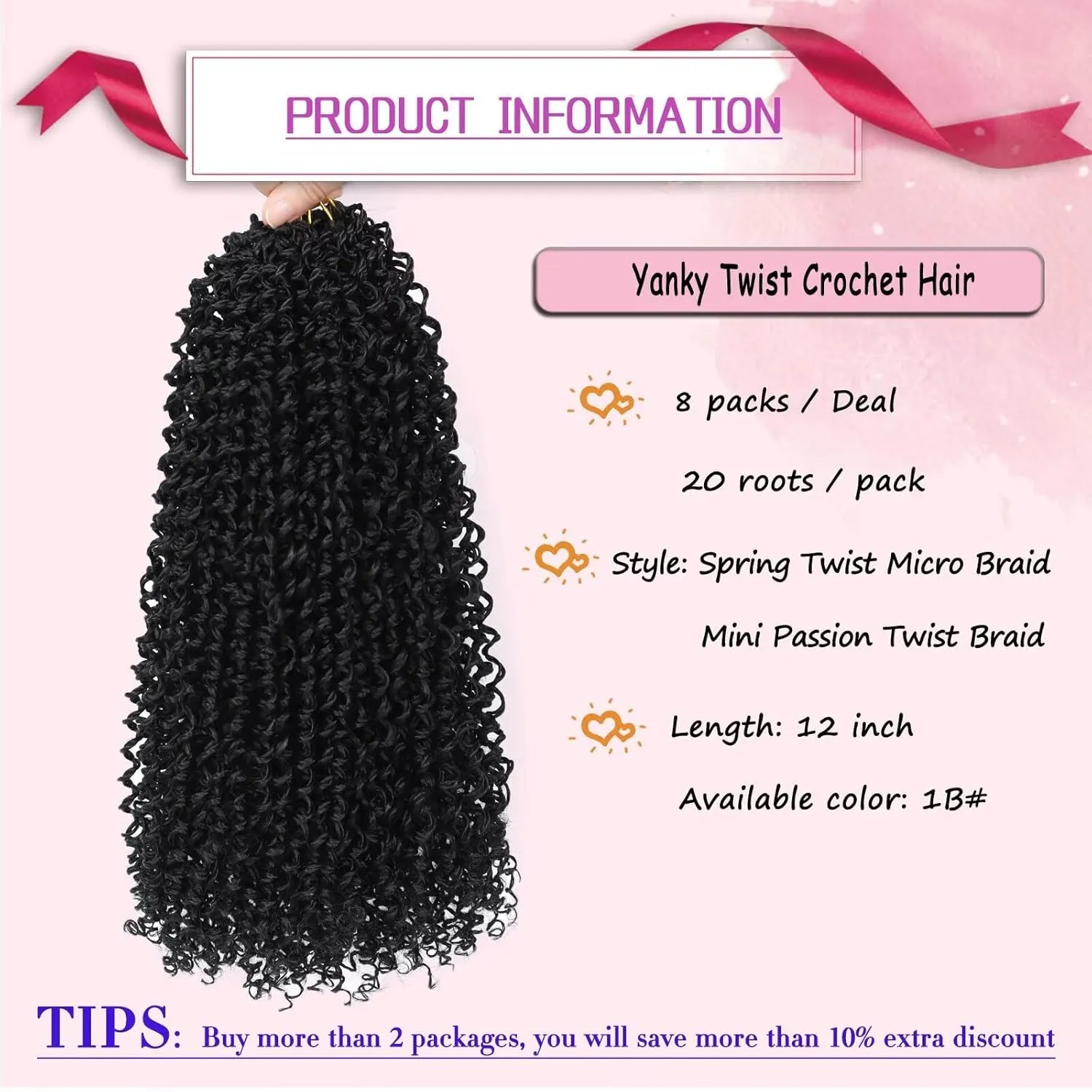 Yanky Twist Crochet Hair for Women 8 Packs 12 Inch Pre-Looped Fluffy Spring Crochet Mini Braids Protective Hairstyle (#1B)