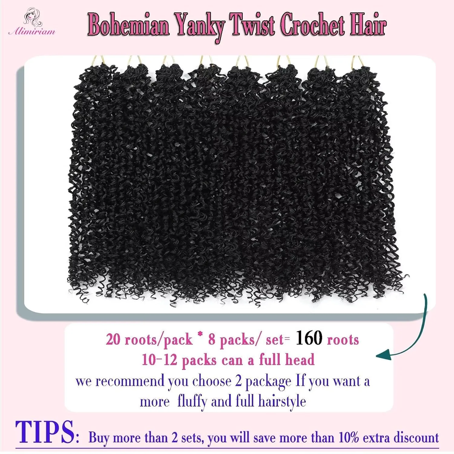 Yanky Twist Crochet Hair for Women 8 Packs 12 Inch Pre-Looped Fluffy Spring Crochet Mini Braids Protective Hairstyle (#1B)