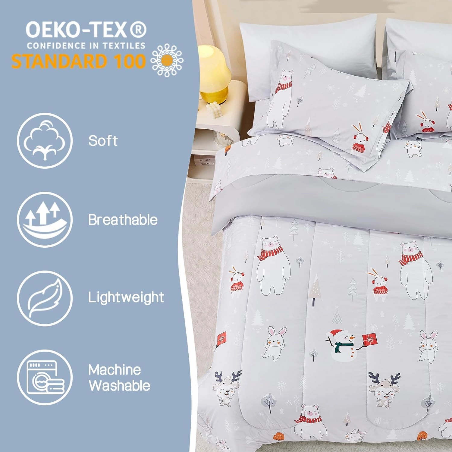 Yibeizi Easter Bunny Comforter Set Twin for Boys Girls, Cute Kids Reversible Quilted Bear Snowmen Reindeer Printed Bedding Set with Pillow Sham, Lightweight Soft Breathable Washable Bed Set 2 Piece