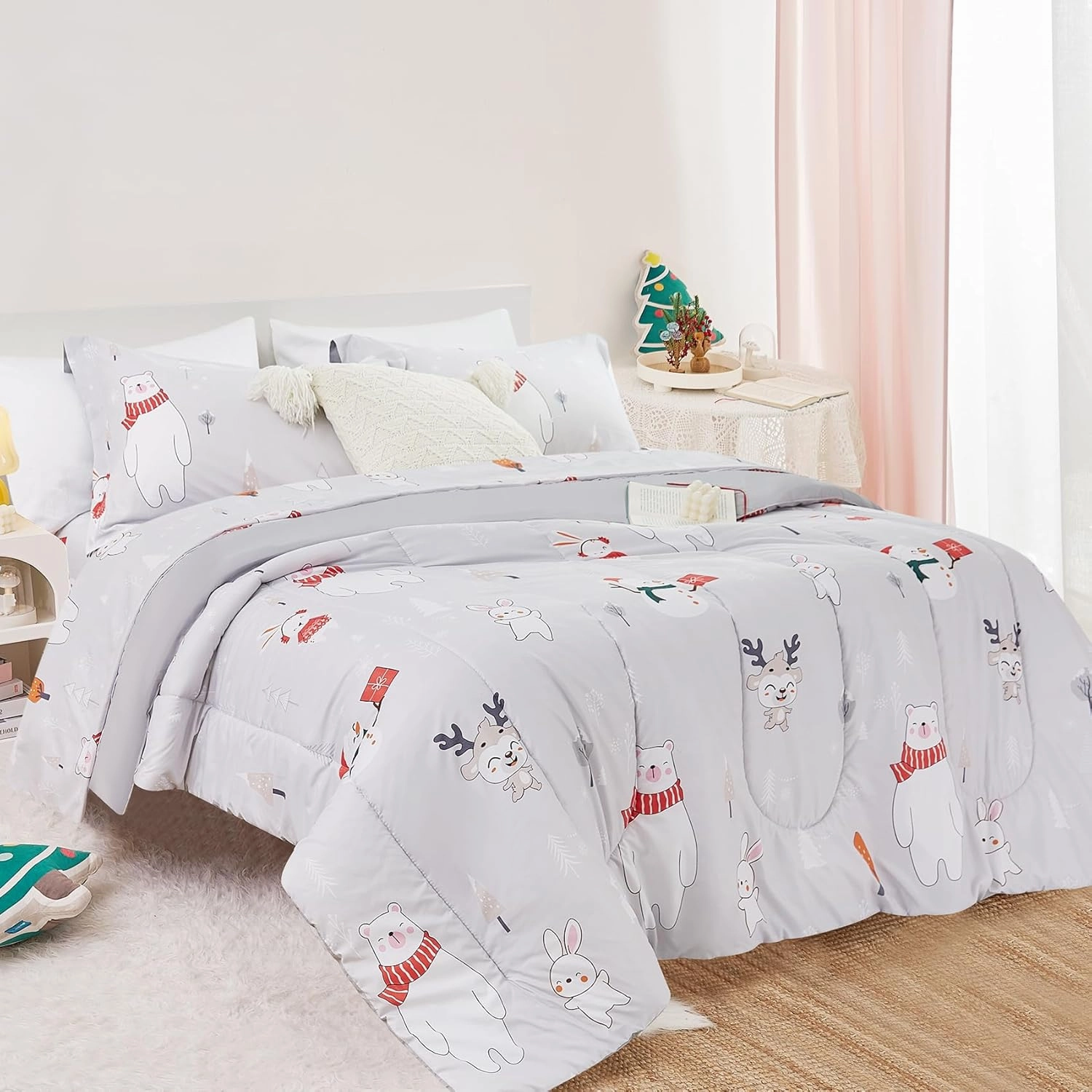 Yibeizi Easter Bunny Comforter Set Twin for Boys Girls, Cute Kids Reversible Quilted Bear Snowmen Reindeer Printed Bedding Set with Pillow Sham, Lightweight Soft Breathable Washable Bed Set 2 Piece