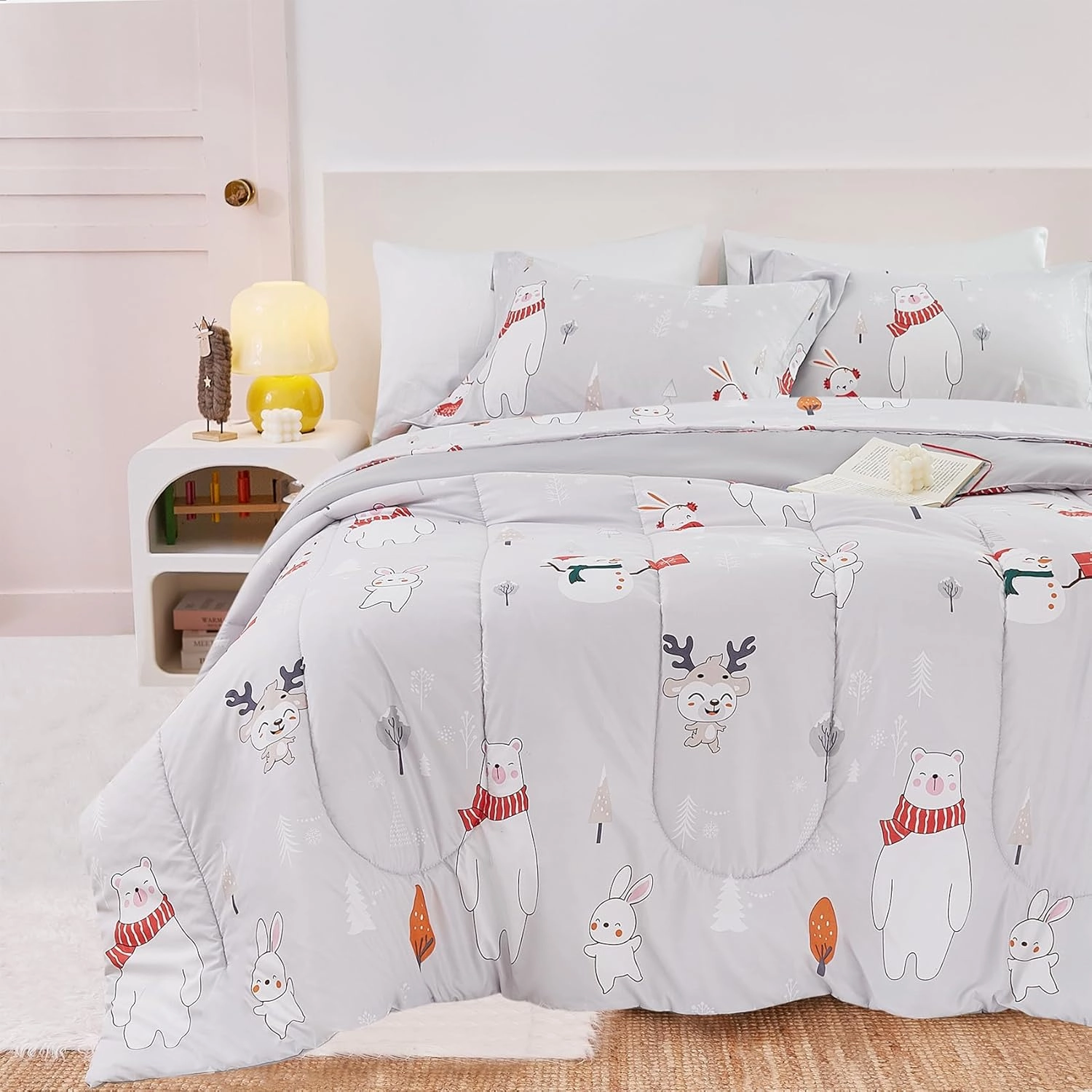 Yibeizi Easter Bunny Comforter Set Twin for Boys Girls, Cute Kids Reversible Quilted Bear Snowmen Reindeer Printed Bedding Set with Pillow Sham, Lightweight Soft Breathable Washable Bed Set 2 Piece