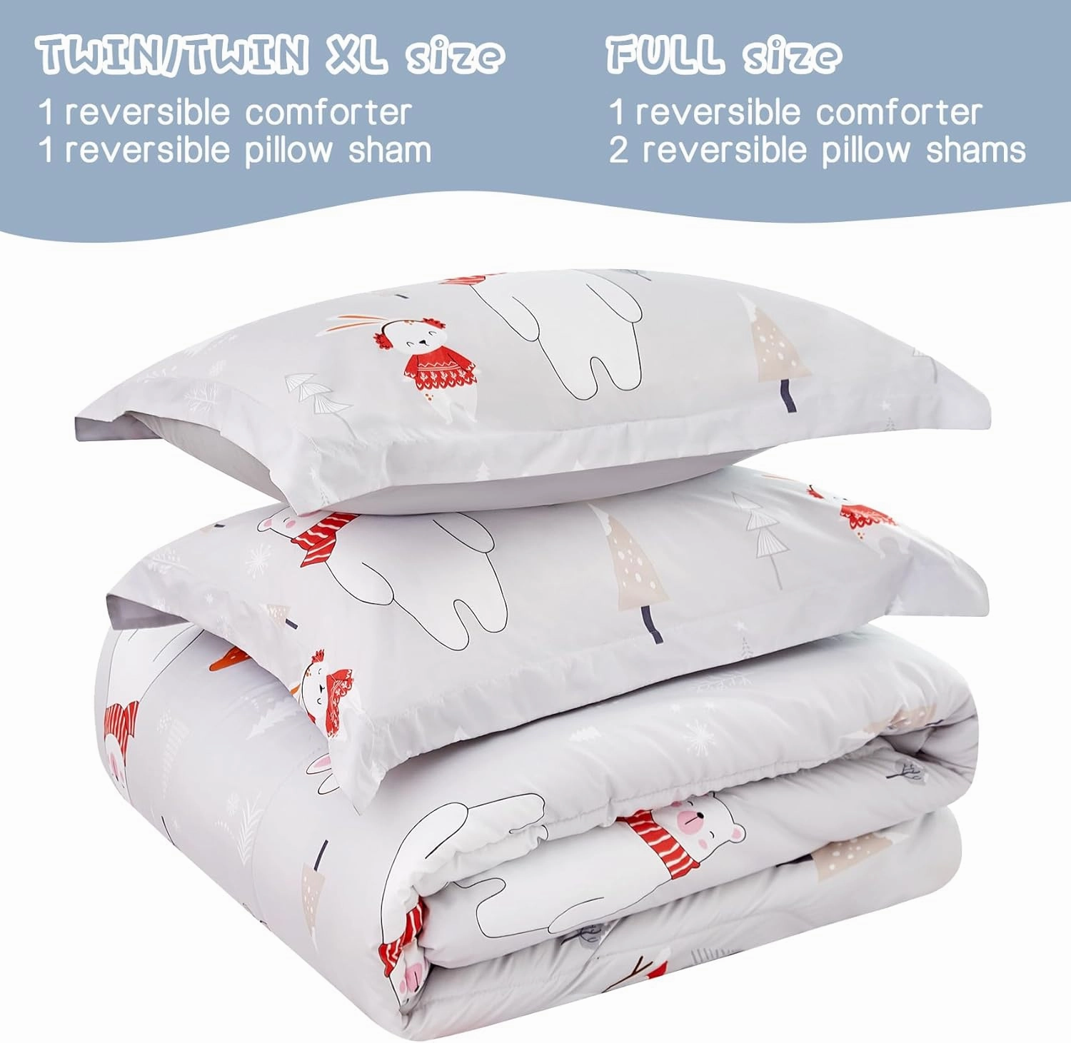 Yibeizi Easter Bunny Comforter Set Twin for Boys Girls, Cute Kids Reversible Quilted Bear Snowmen Reindeer Printed Bedding Set with Pillow Sham, Lightweight Soft Breathable Washable Bed Set 2 Piece
