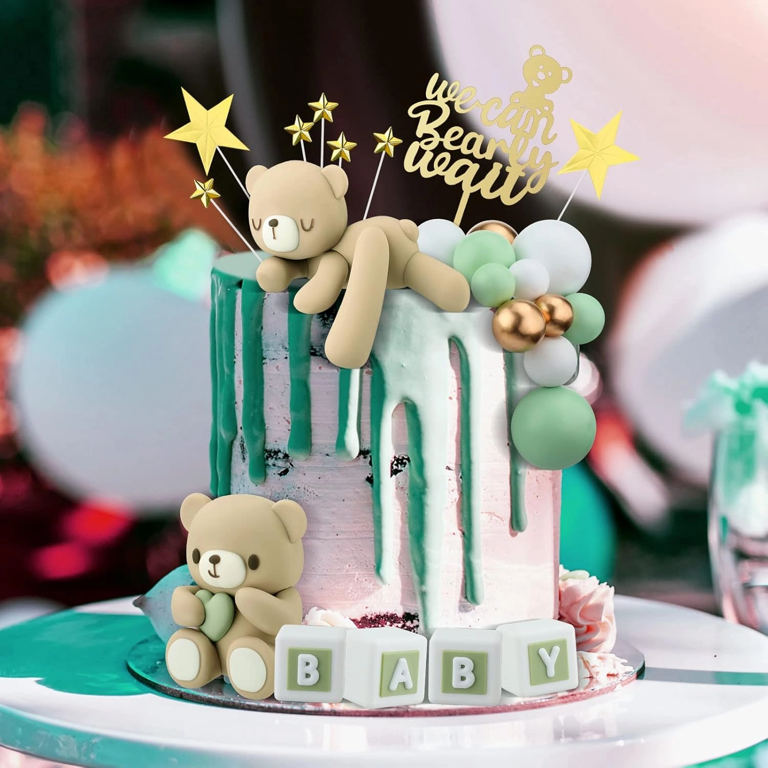 Yinder Bear Cake Toppers Mini Bear Cake Decorations Cake Toppers Gold White Pearl Ball for Birthday Party Decorations(Green, Brown,Cute Style)