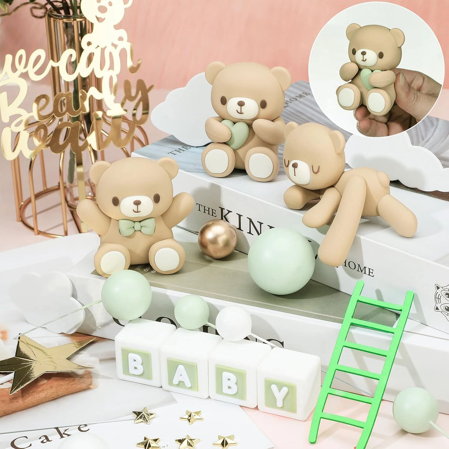 Yinder Bear Cake Toppers Mini Bear Cake Decorations Cake Toppers Gold White Pearl Ball for Birthday Party Decorations(Green, Brown,Cute Style)