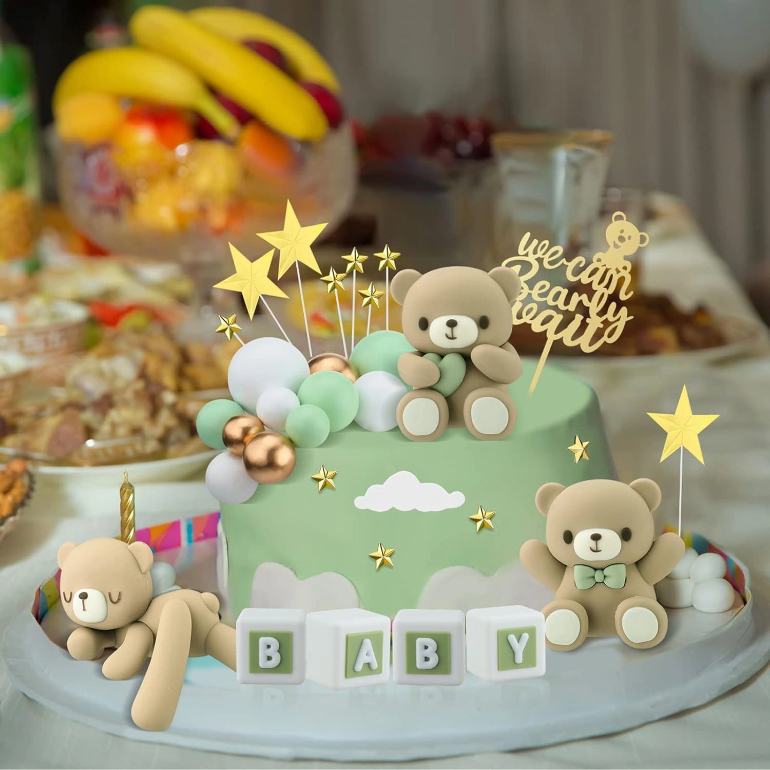 Yinder Bear Cake Toppers Mini Bear Cake Decorations Cake Toppers Gold White Pearl Ball for Birthday Party Decorations(Green, Brown,Cute Style)
