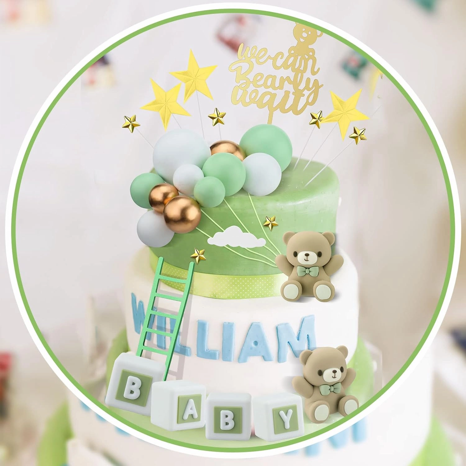 Yinder Bear Cake Toppers Mini Bear Cake Decorations Cake Toppers Gold White Pearl Ball for Birthday Party Decorations(Green, Brown,Cute Style)