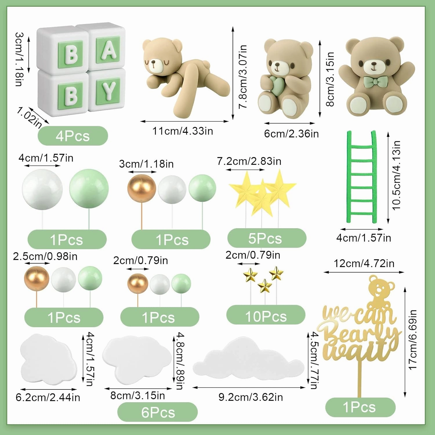 Yinder Bear Cake Toppers Mini Bear Cake Decorations Cake Toppers Gold White Pearl Ball for Birthday Party Decorations(Green, Brown,Cute Style)