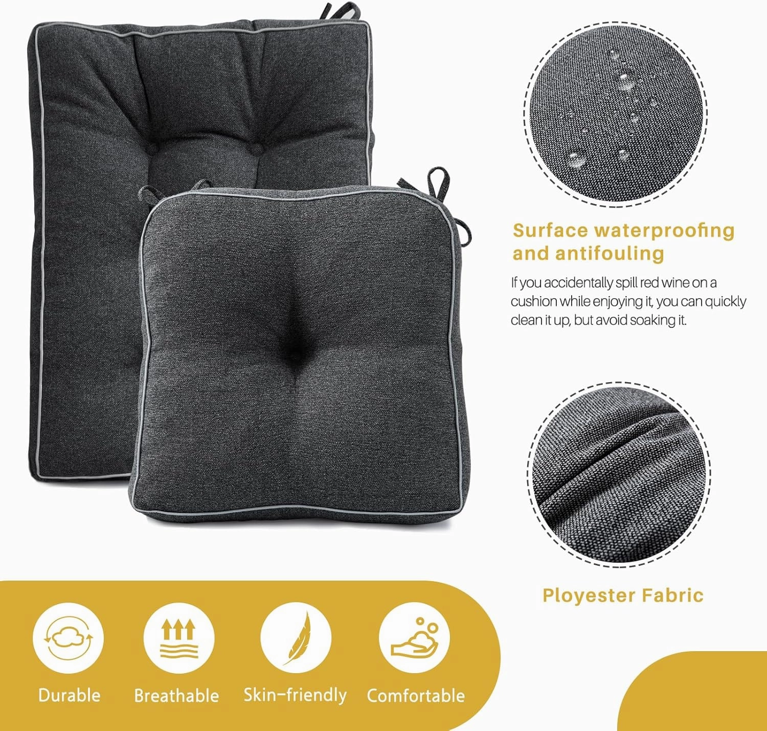 YZ HOME Rocking Chair Cushion, Set of Thicken Seat & Back Chair Cushions with Memory Foam, Non-Slip Chair Pad with Ties for for Indoor&Outdoor Rocker, Dark Grey, 22x17x5/17x17x5