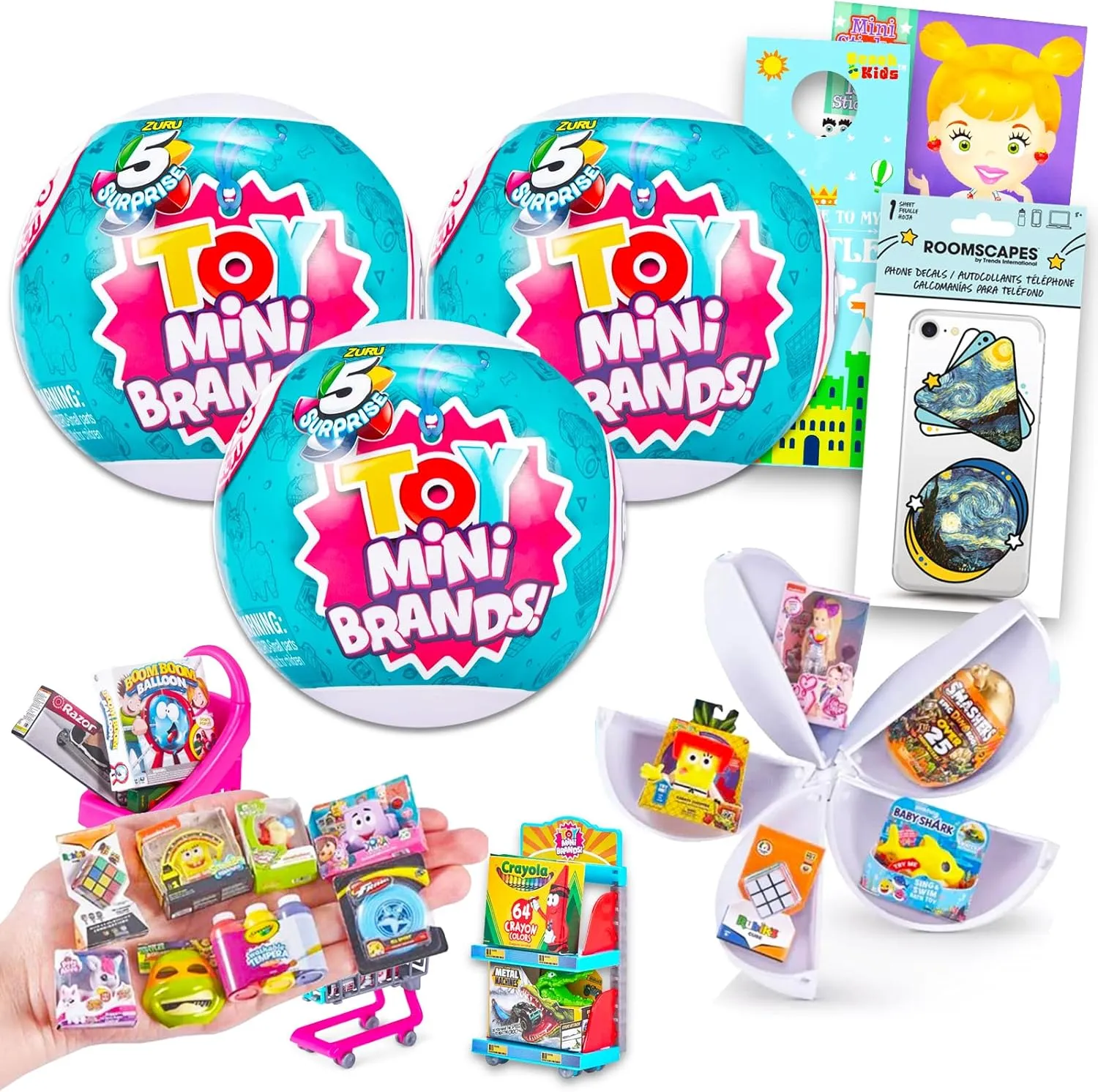 Zuru 5 Surprise Mini Brands - 3 Blue Mystery Balls with 5 Miniatures Each, Includes Stickers & Beach Kids Door Hanger - Mystery Mini Toys for Kids