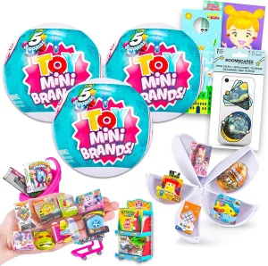 Zuru 5 Surprise Mini Brands - 3 Blue Mystery Balls with 5 Miniatures Each, Includes Stickers & Beach Kids Door Hanger - Mystery Mini Toys for Kids