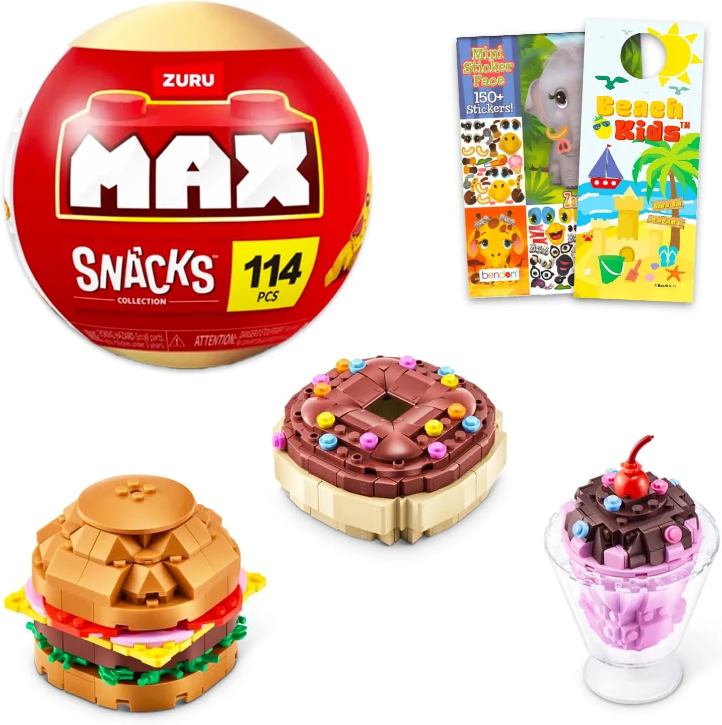 Zuru Max Snacks Set for Kids - Bundle with Zuru Max Snacks Bricks Blind Ball Plus Stickers and Door Hanger | Zuru Max Snacks Collection Brick Building Kit